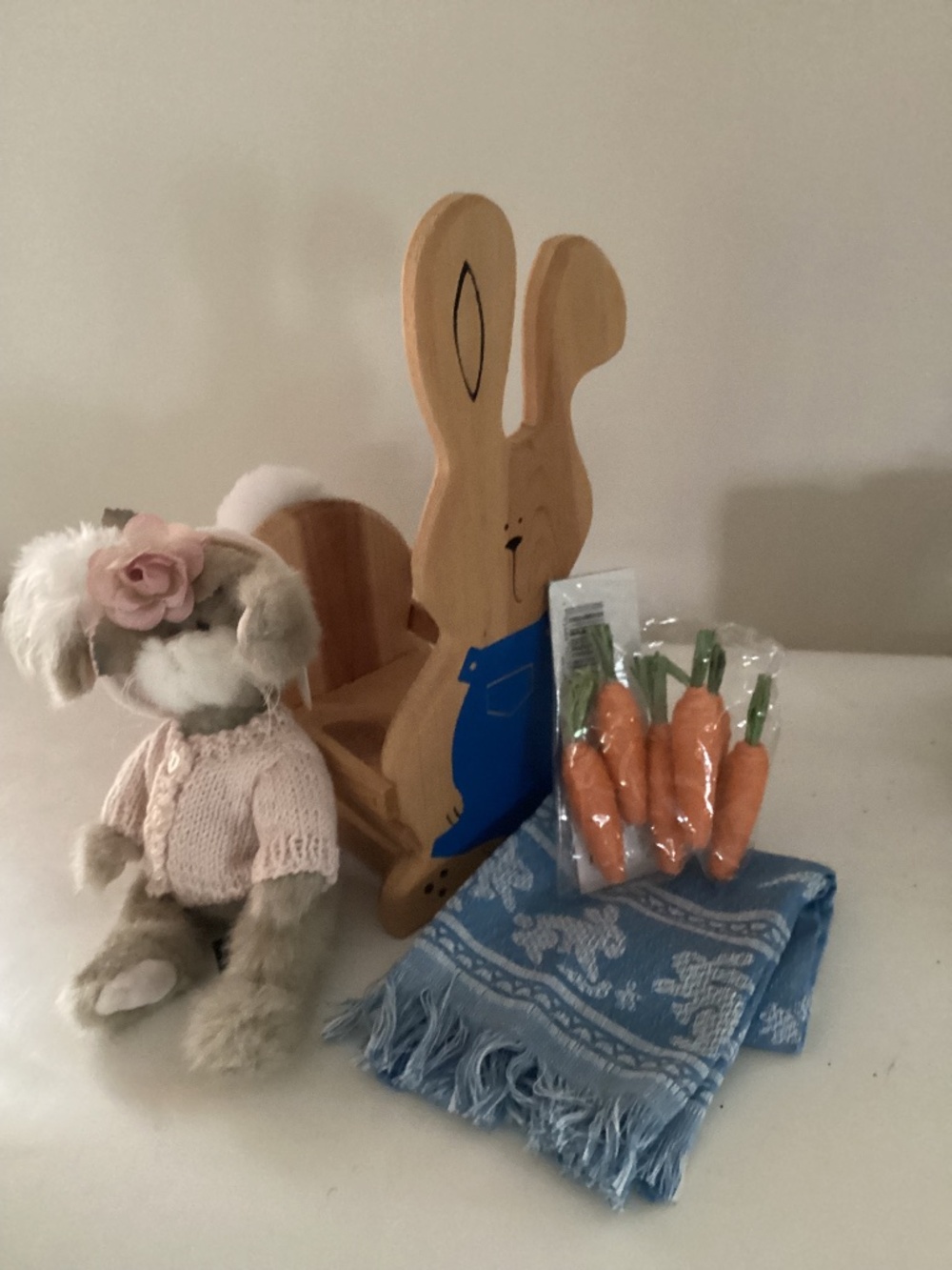 Wood Bunny Basket + Boyd’s Bears Bunny, Bunny Towel and Carrot Trims